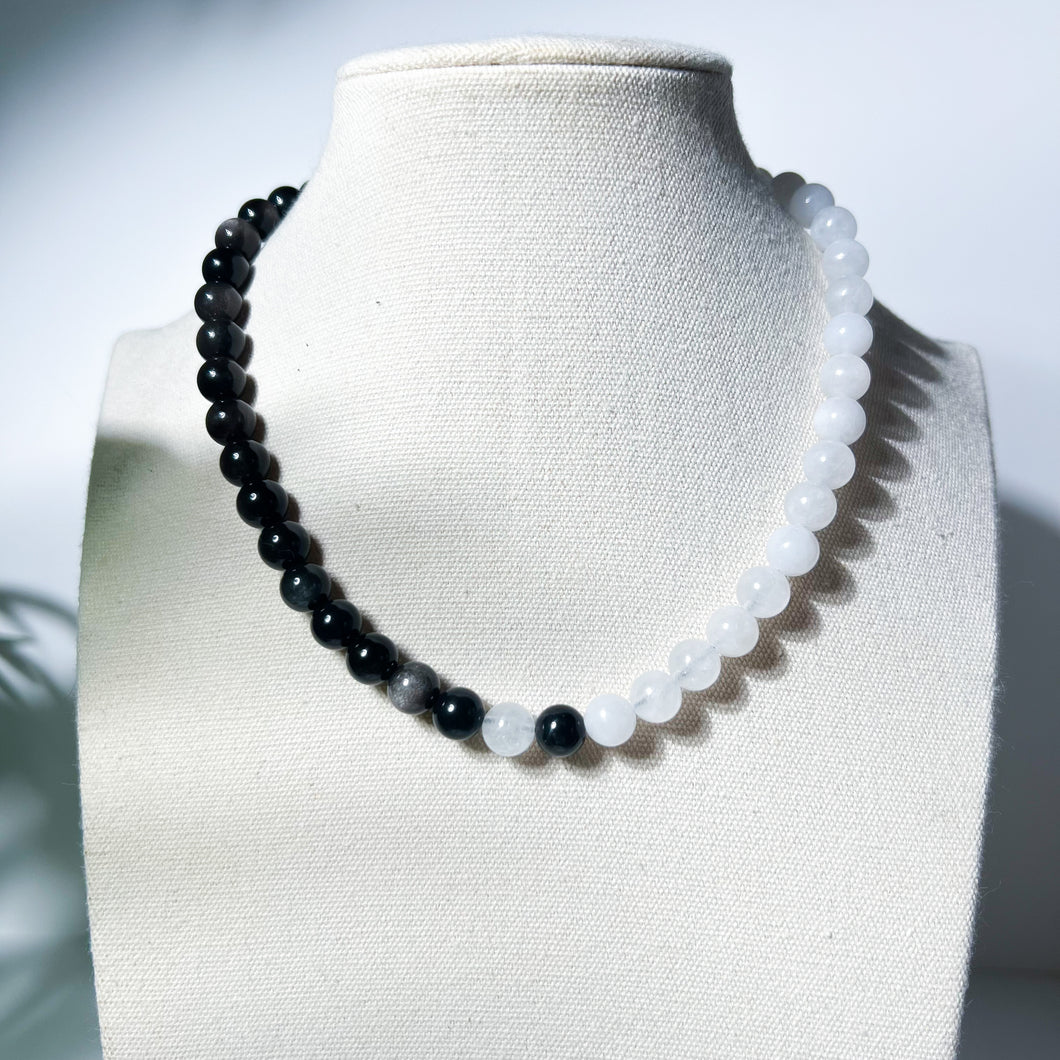Crystal Necklace „Balance“ • silver Obsidian & Quartz • adjustable